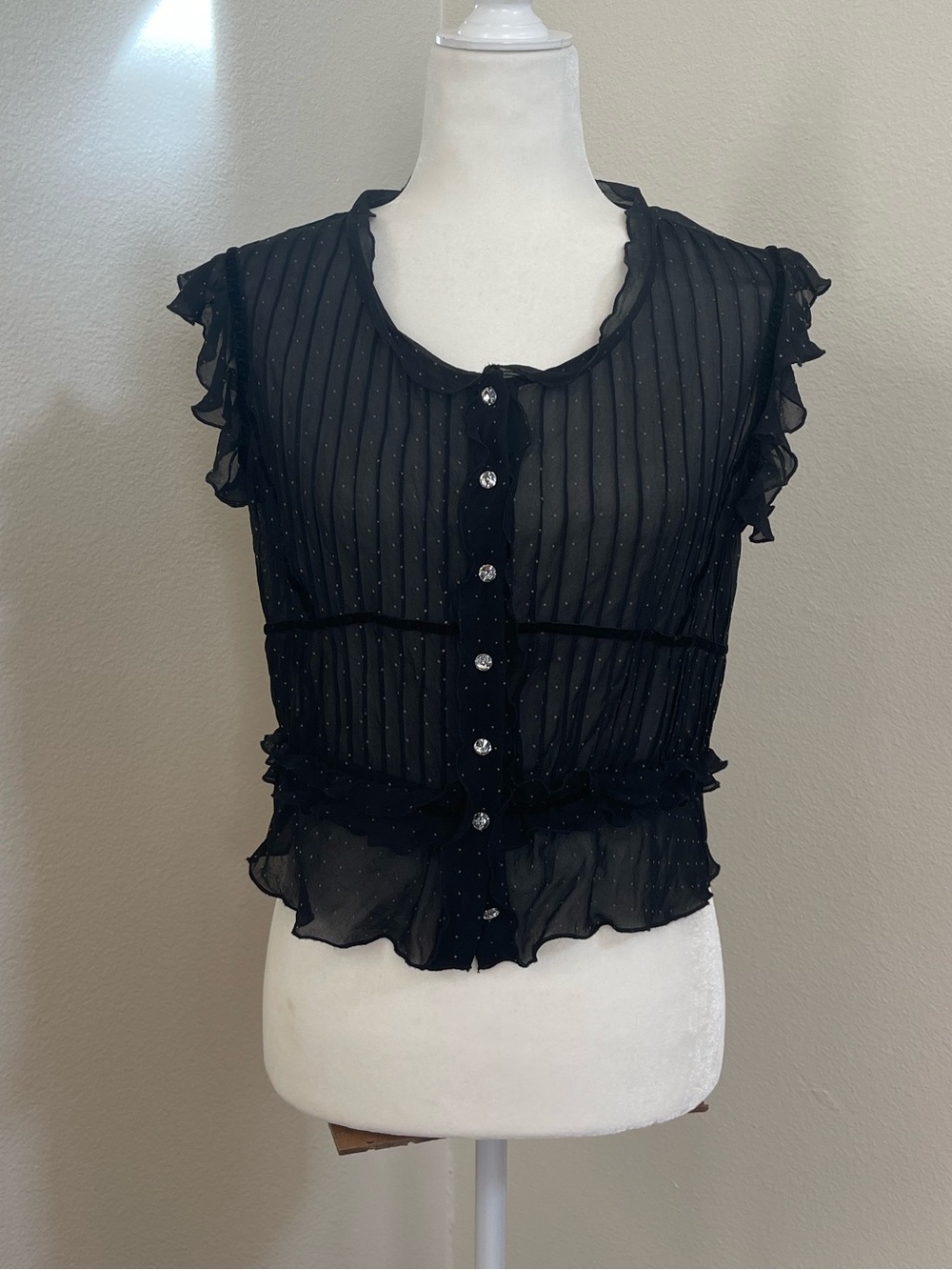 Intuitions Black Sheer Silk Polka Dot Blouse Ruffle Size 8 Office Siren Y2K